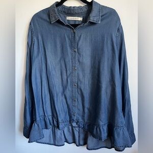 Standard Grace Ruffle Lyocell Chambray Button Down Shirt Top - Blue - L Large
